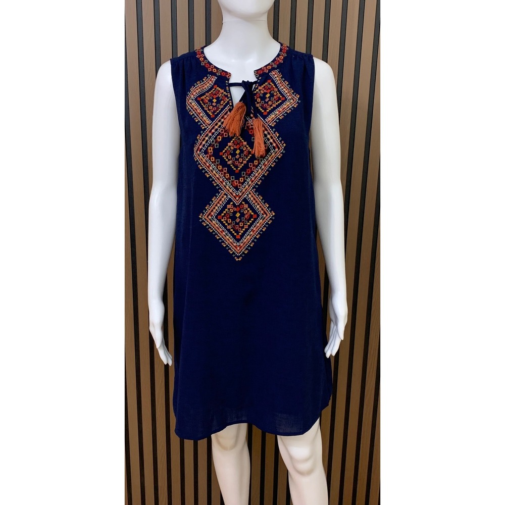 THML Women's Blue Embroidered Tassel Boho Shift Dress Sleeveless Large